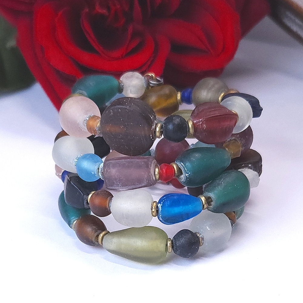 Handmade Ancient Bohemian Colorful Frosted Glass Beaded Wrap Bracelet